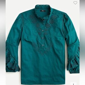 J.Crew Ruffle-Sleeve Top In Embroidered Eyelet-AR971- Dark Spruce- Size Medium